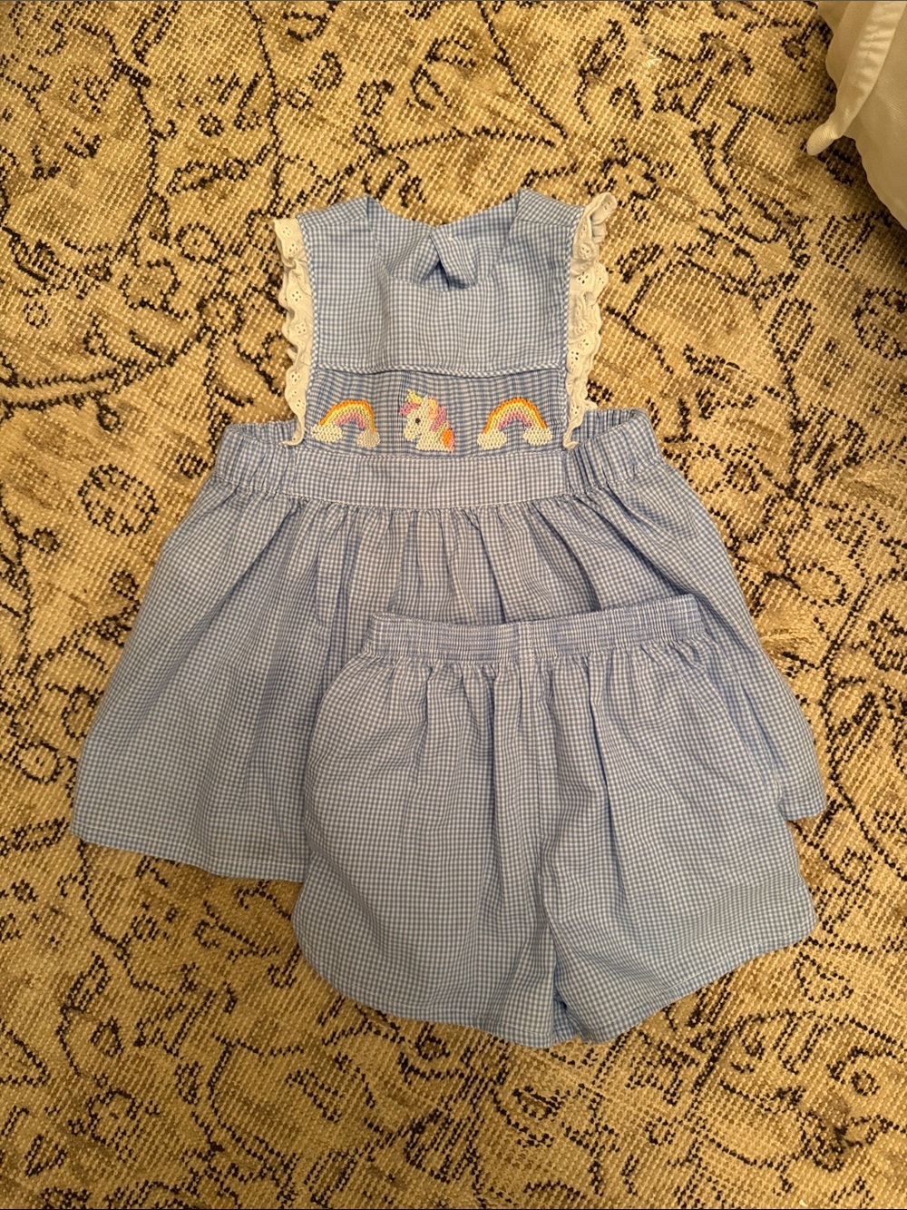 Light Blue Gingham Girls' Matching Skort Set with Rainbow & Unicorn Embroidery